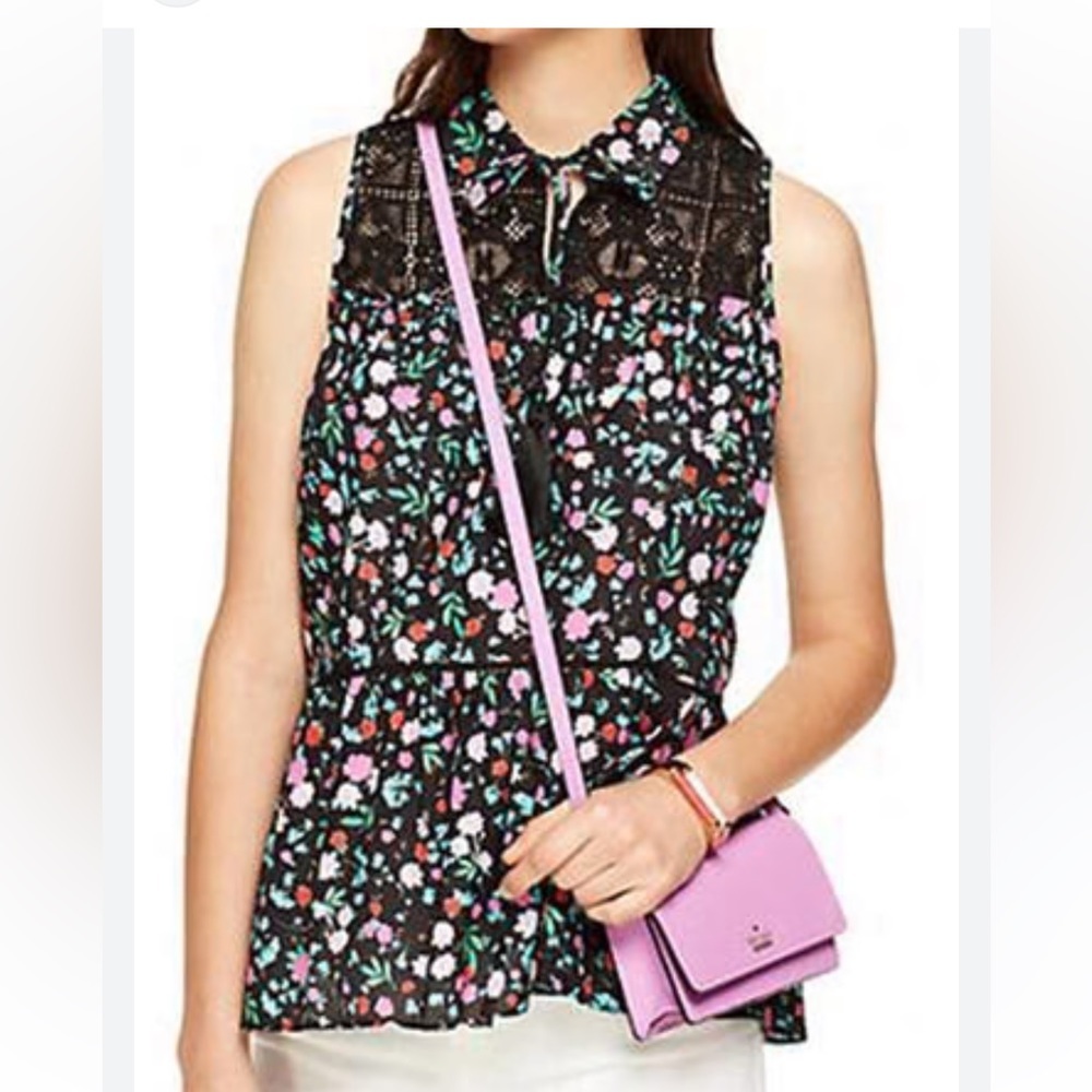 kate spade Black Floral Lace Sleeveless Blouse with Pink Accents